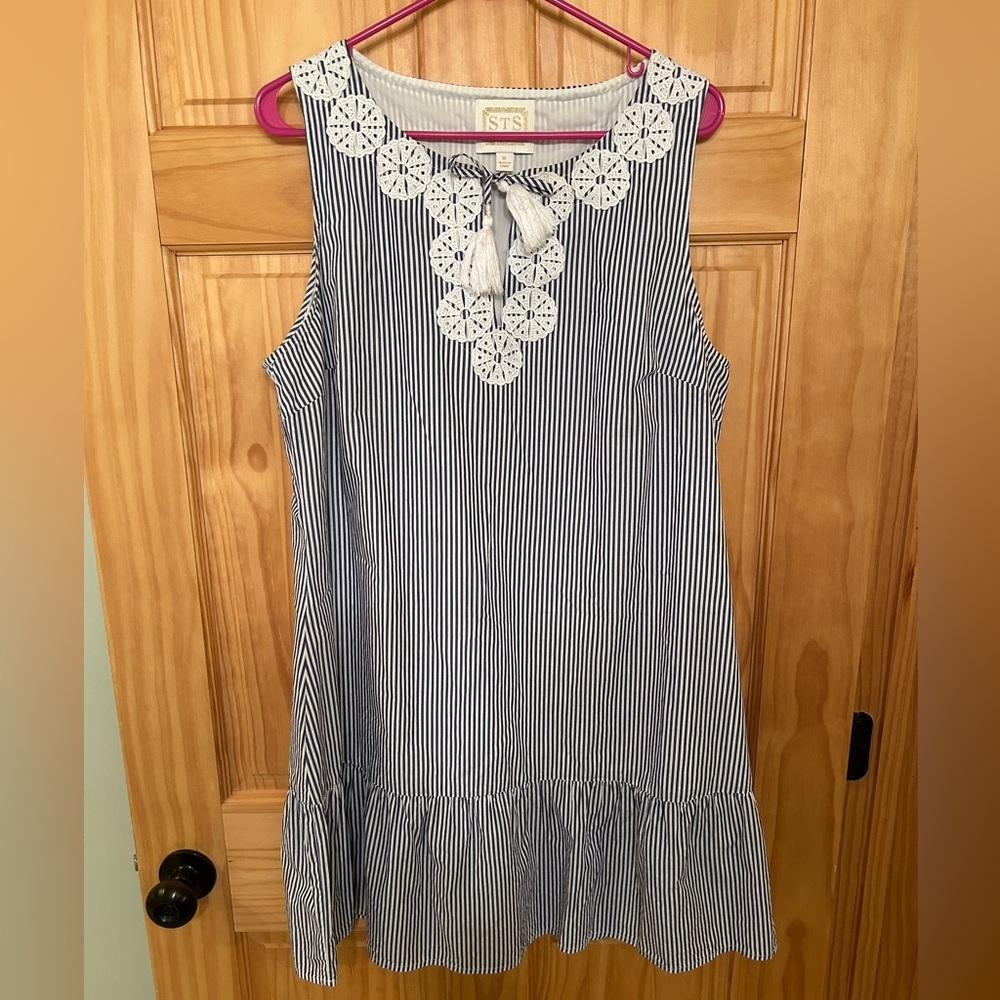 Sail to Sable Navy and White Striped Sleeveless Mini Dress with Lace Yoke